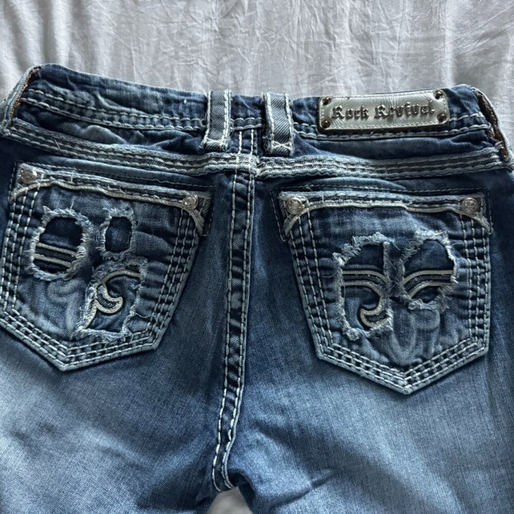 Rock Revival Stacey Boot Jeans Size 29 Distressed Thick Stitch Medium Wash